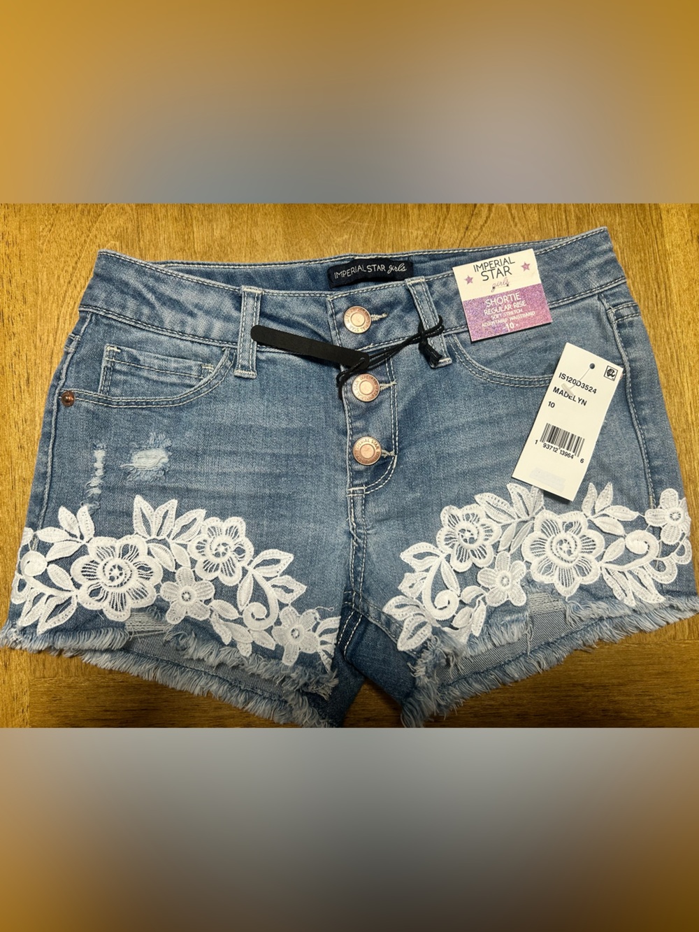 Imperial Star Blue Denim Shorts with White Floral Lace Accent